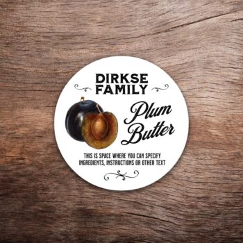 Customizable plum label featuring Italian prune plum illustrations on a white background with black text. This photo shows a round label. All text on the label is customizable.