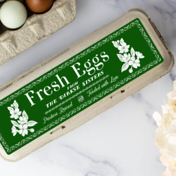 Vintage Floral Egg Carton Label in green on a standard sized full dozen egg carton label.