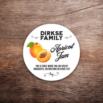 Customizable apricot label featuring watercolor apricot graphics on a white background with black text. This photo shows a round label. All text on the label is customizable.