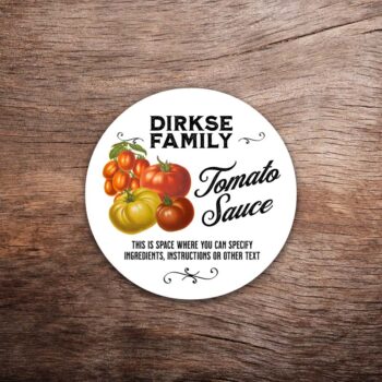 Customizable tomato label featuring heirloom tomato illustrations on a white background with black text. This photo shows a round label. All text on the label is customizable.