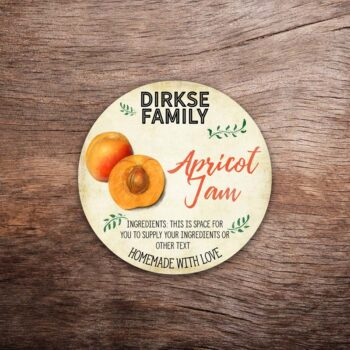 Customizable apricot label featuring apricot illustrations on a vintage paper background. This photo shows a round label. All text on the label is customizable.