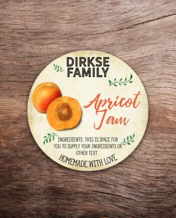 Customizable apricot label featuring apricot illustrations on a vintage paper background. This photo shows a round label. All text on the label is customizable.