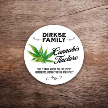 Customizable cannabis label featuring cannabis leaf graphics on a white background with black text. This photo shows a round label. All text on the label is customizable.