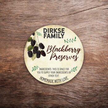 Customizable blackberry label featuring blackberry graphics on a vintage paper background. This photo shows a round label. All text on the label is customizable.