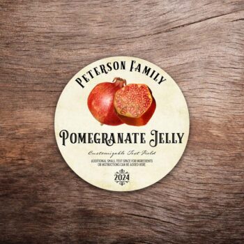 Customizable pomegranate label featuring pomegranate graphics on a vintage paper background. The label in this photo shows a round label. All text on the label is customizable.